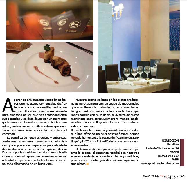Revista Top Viajes - Mayo2016 - Restaurante Gaudium Chamberí